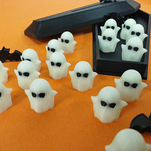 Glow-in-the-Dark 3D Printed Halloween Ghost Figurines Set – Luminous White Ghosts with Black Coffin Display