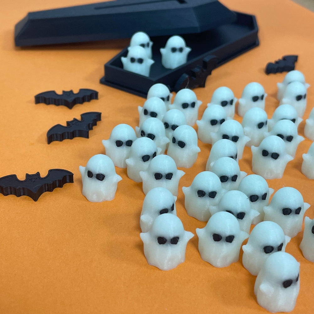 Glow-in-the-Dark 3D Printed Halloween Ghost Figurines Set – Luminous White Ghosts with Black Coffin Display