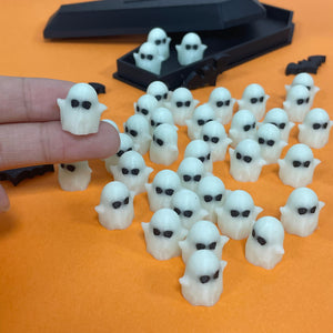 Glow-in-the-Dark 3D Printed Halloween Ghost Figurines Set – Luminous White Ghosts with Black Coffin Display