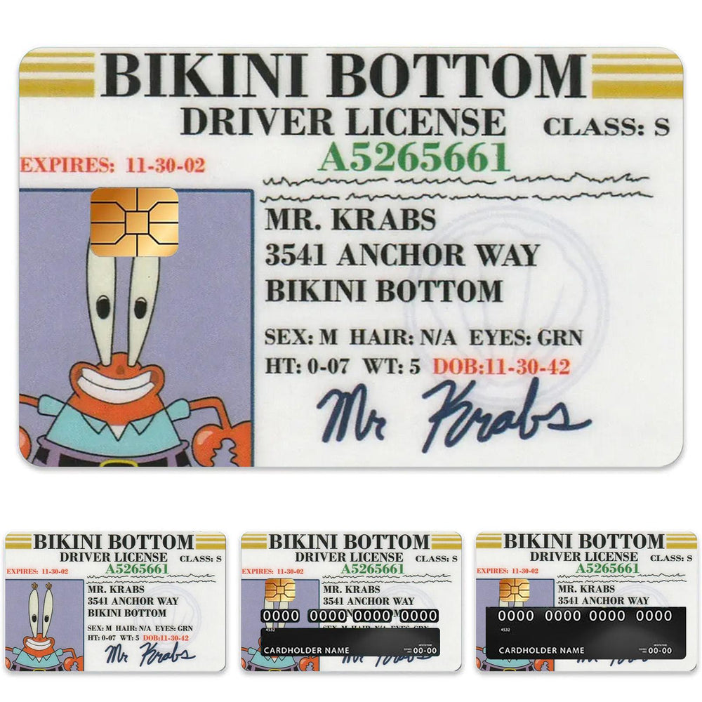 Mr. Krabs Bikini Bottom Driver License Design Credit Card Skin Sticker - Fun and Durable Card Cover